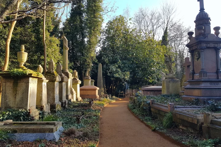 Path running next to gravestones lit up by sunlight in Highgate Cemetery in London