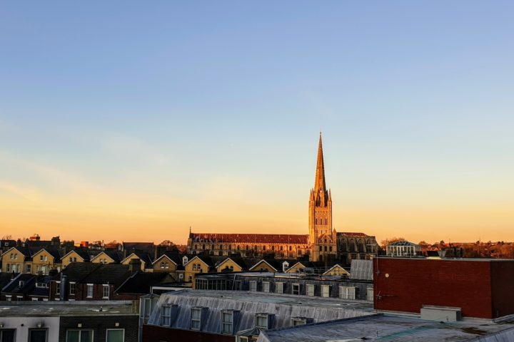 View of Norwich city at sunset