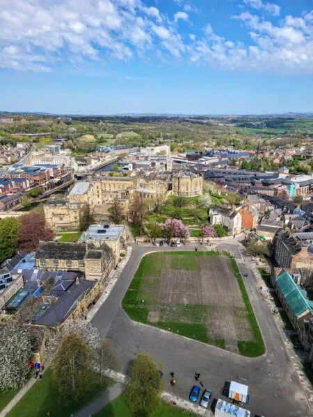 View of Palace Green from atop of the Cathedral looking down at the Green. Just one of many things to do in Durham for couples