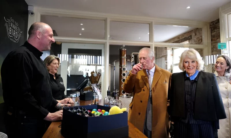 King Charles III and Queen Camilla visiting the Rare Bird Distillery at Talbot Yard Food Court in Malton 