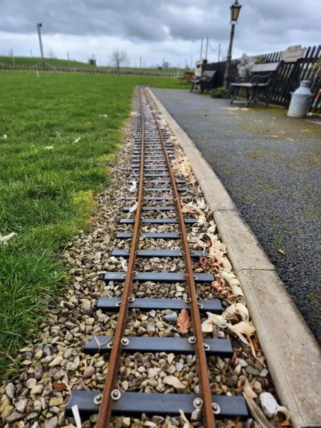 Close up of the miniature railway track at Cedarbarn Farm Shop and Cafe in Pickering