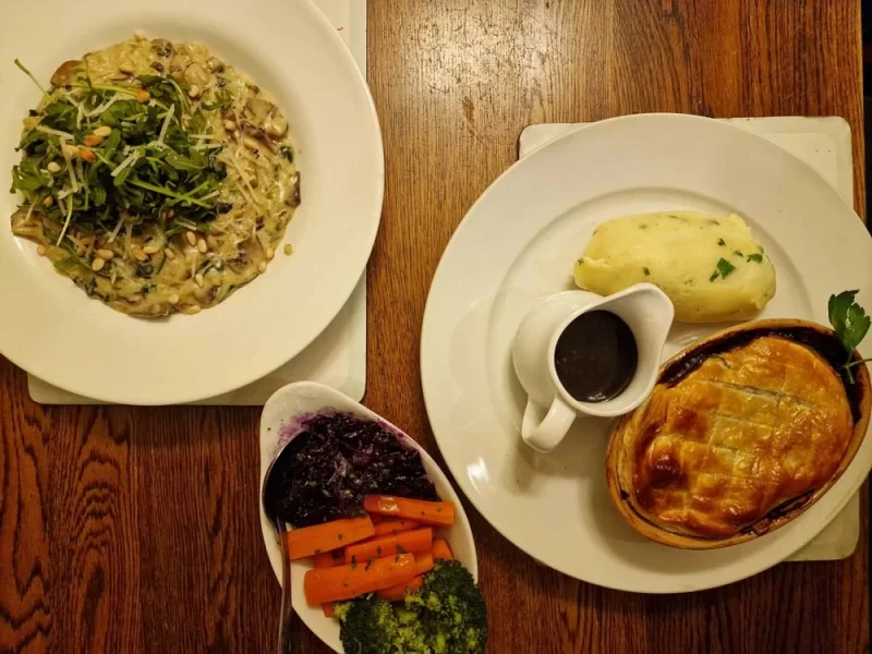 Risotto and steak and ale pie at The Fox and Rabbit in Pickering