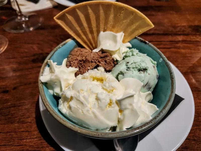 Close up of bowl of ice cream in La Trattoria