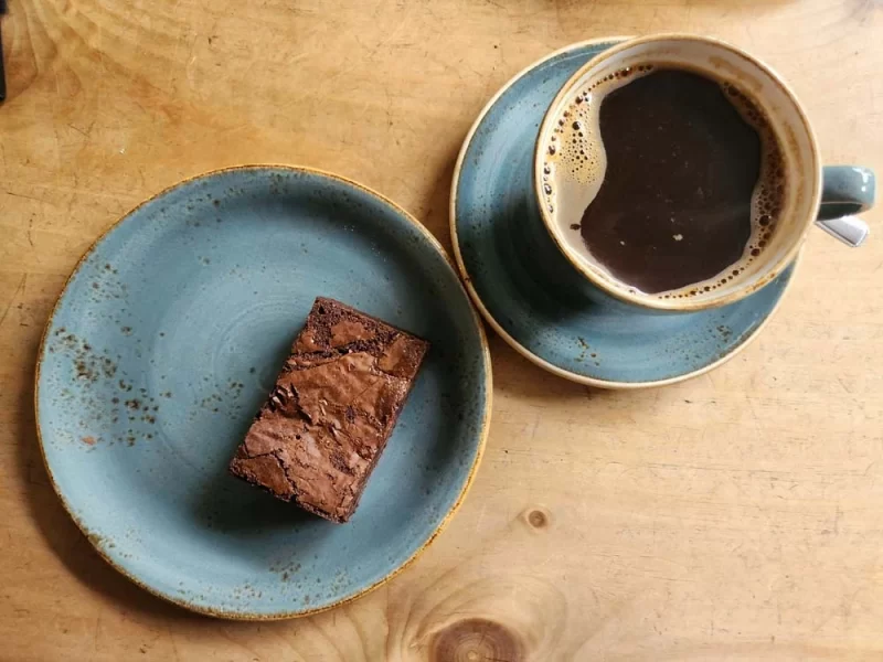 Brownie and coffee available at Lutt and Turner in Malton, North York Moors