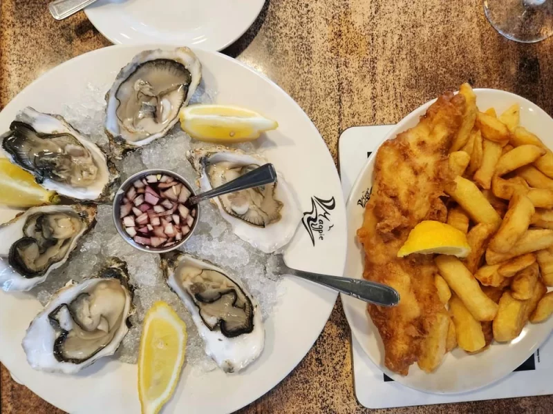 Fresh oysters and fish and chips available at Magpies Cafe in Whitby